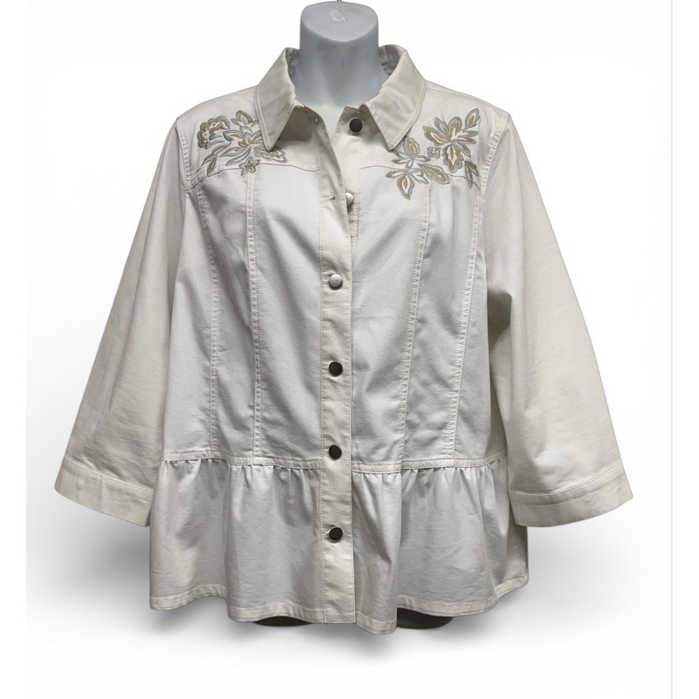 Joan Rivers Denim Embroidered Peplum Jacket Women's White Women's Large